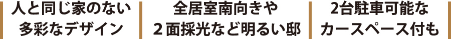 人と同じ家のない多彩なデザイン｜全居室南向きや２面採光など明るい邸｜2台駐車可能なカースペース付も