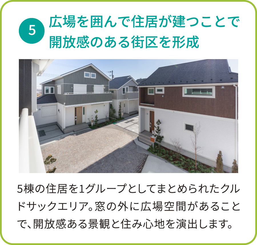 5:広場を囲んで住居が建つことで開放感のある街区を形成